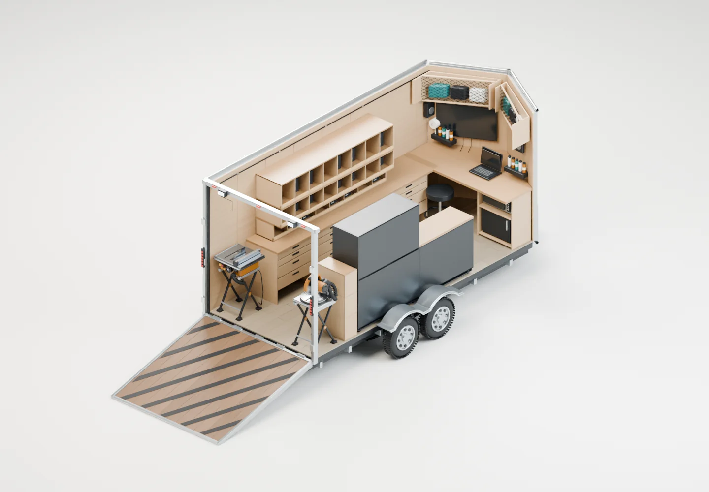 Measured Biltout design shown as a cutaway, with cabinetry, tools, a clear aisle and a forward workspace